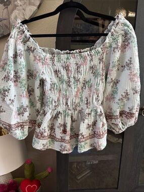 easel White Smocked Off-Shoulder Peasant Top with Pink & Green Floral